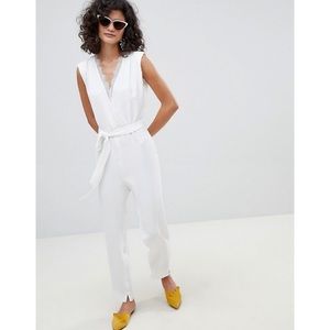 Mango White Lace Front V-Neck Jumpsuit